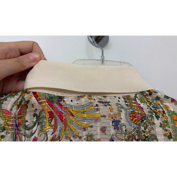 Tory Burch Promised Land Bird Peacock Floral Print Mini Dress Metallic Silk 8 - Picture 12 of 16